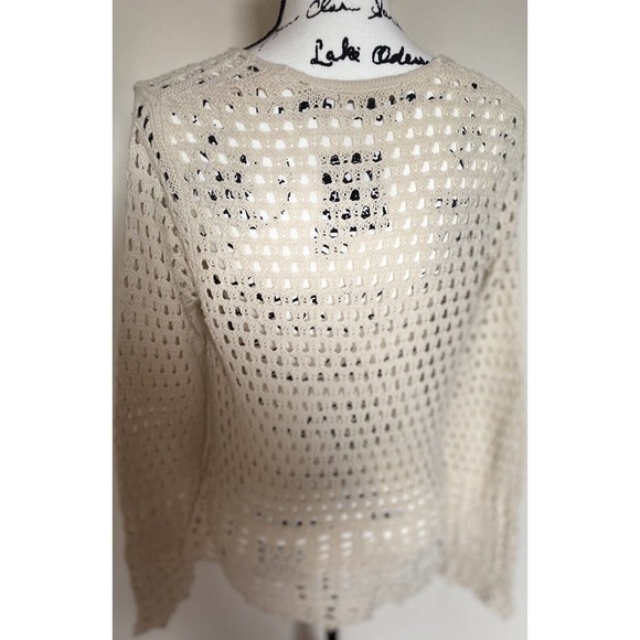 Women’s Jeanne Pierre Size Medium Oatmeal V-Neck Long Sleeve Open Knit Crochet - Picture 5 of 10